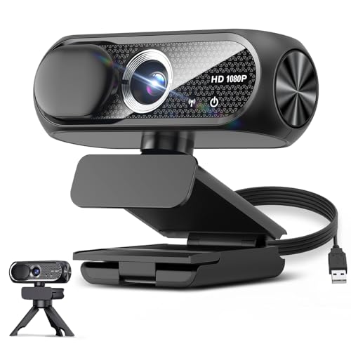 Image of 1080P HD Webcam with Rotatable Tripod and Mic, Noise Cancellation, Privacy Cover, Wide-Angle Lens, Auto Light Correction, Plug & Play USB Webcam for Laptop, Desktop, PC, Mac, Zoom, Skype, Streaming