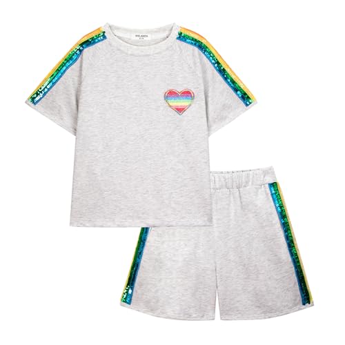 Image of WELAKEN Girls 2 Piece Outfit Kid Toddler Heart & Rainbow Sequin Striped T-shirt and Shorts Clothing Set