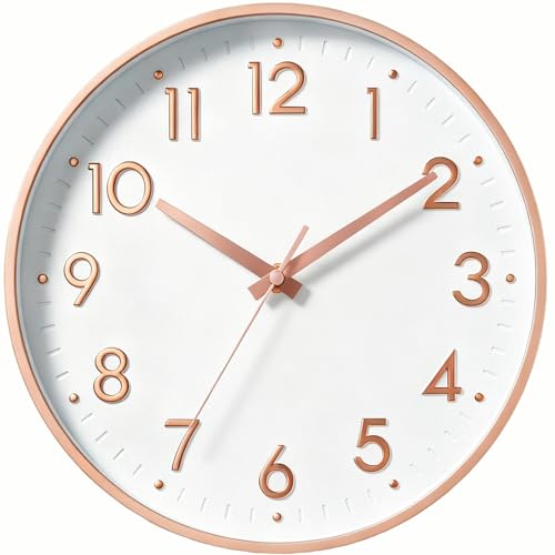 Image of Mosewa Wall Clock 12 Inch, Battery Operated Silent Non-Ticking Modern Analog Clock Decorative for Kitchen, Bedroom, Office, Living Room(Rose Gold)