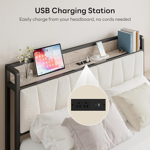 Image of LIKIMIO Queen Bed Frames, Boucle Storage Headboard with Charging Station, Solid and Stable, Noise Free, No Box Spring Needed, Easy Assembly