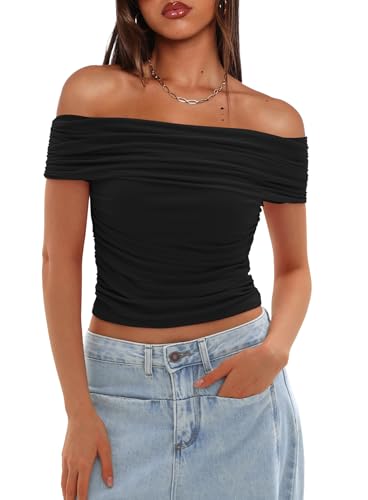 Darong Women Mesh Off The Shoulder Top Short Sleeve Double Lined Ruched Shirts Trendy Going Out Tops Summer Fashion Clothes
