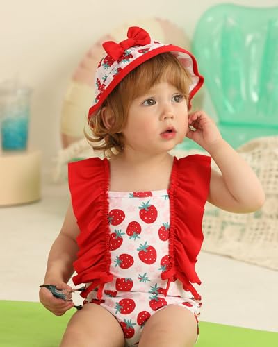 Image of Toddler Girl Swimsuit Baby Girl Bathing Suit Long Sleeve Floral Zipper One-Piece Rash Guard Swimsuit with Hat