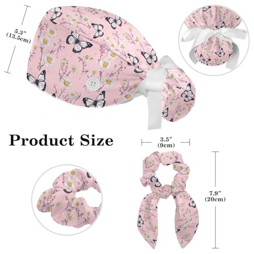 Image of Butterfly Scrub Cap Women with Ponytail & Buttons Adjustable Surgical Nurse Hat with Cotton Sweatband for Long Hair