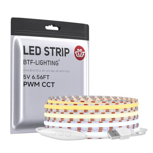 Image of BTF-LIGHTING FCOB COB FOB LED Strip Lights 5V USB CCT 6.56FT 1280LEDs Tunable 2700K /4000K /6500K 10mm Width Dimmable 90+High CRI Flexible High Density for TV Backlight PC Bedroom Kitchen Home DIY Decor