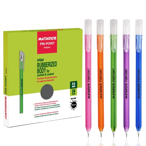 Stylos billes Matador Pin-Point 0.6 mm encre noire pour écriture fluide | Boîte de 24