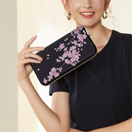 Image of Women's Wallets,Credit Card Holder Money Leather Long Wallet with Wristlet,Large Capacity with Zip-Around Phone Purse for Women Ladies Girls,Cherry Blossoms