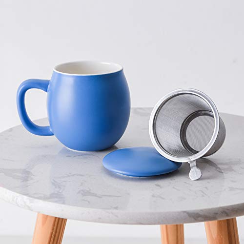 Image of Yundu 12 OZ Matte Blue Ceramics Teacup with Infuser and Lid, Mug with Lid for Steeping - Stainless Steel Infuser for Loose Leaf Tea, Home Office Gift for Tea Lovers