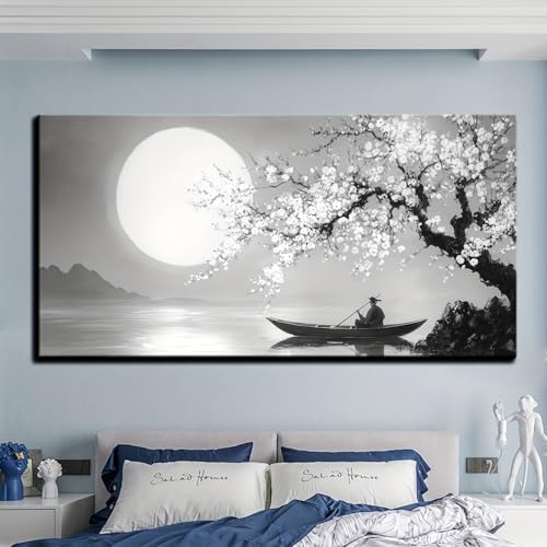 Paysage nocturne de cerisiers en fleurs pour décorer une chambre zen