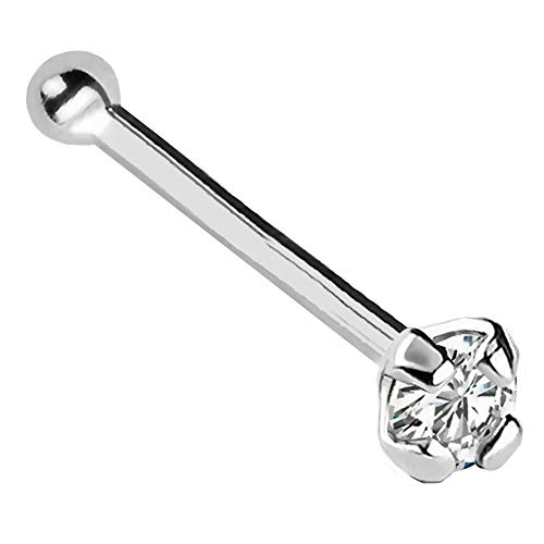 20G Solid 14Kt Gold Nose Bone Stud with Prong Set real Diamond Gemstone, 14kt Yellow Gold or 14kt White Gold - April Birthstone Nose Ring-WG_WD-1.5MM