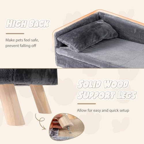 SOARS Hundesofa, Katzensofa mit Rückenlehne, Kissen & Holzbeinen, Hundecouch für kleine Hunde, Hundebett erhöht, Haustiersofa, 81 x 51 x 47 cm, Grau