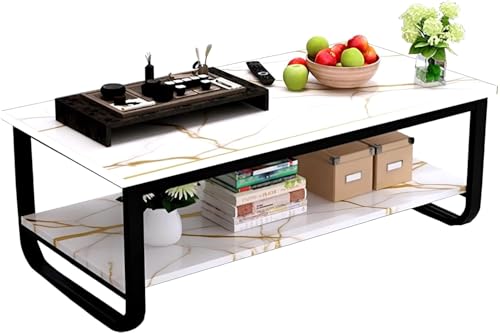Image of Engineered Wood Coffee Table with Metal Base & 2 Tier Storage | Modern Rectangle Center Table for Living Room Sofa Set | Easy DIY Assembly (90 x 48 x 48 cm) (White Black)