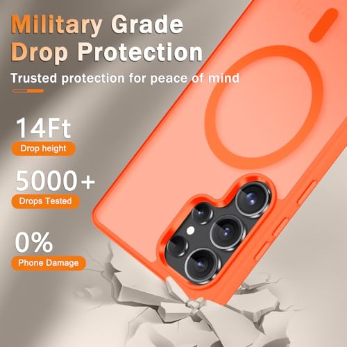 Image of YENAPOON for Samsung Galaxy S25 Ultra Case, Matte Magnetic Phone Cover [with 1 Screen Protector] [Support for MagSafe] [Shockproof Military Grade Protection] Translucent Frosted Back, Orange