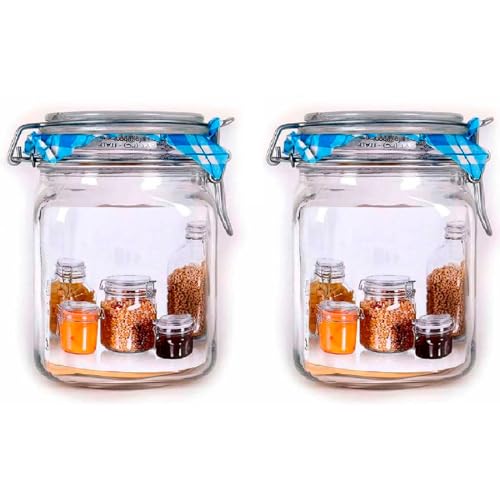 Acan Tradineur - Pack de 2 tarros de Vidrio herméticos Primizie, Incluyen Junta de Goma, Bote, Frasco Multiusos para almacenar conservas, legumbres, Pasta, Galletas - 15 x 10 cm - 1 litro