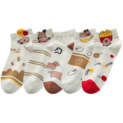 Image of 5 Pairs Cute Cartoon Animals Print Cotton Ankle Socks for Women Teens