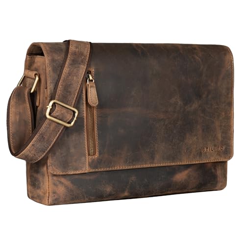 STILORD Davis Bolso Messenger de Cuero 13 Pulgadas | Bolsa Vintage para Portátil | Bandolera para Universidad, Oficina, Libros | Cuero Auténtico Color:Calais   marrón