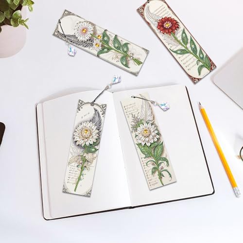 Image of 4-Pack 5D Flower Diamond Painting Bookmarks Kit, DIY Diamond Art Bookmarks with Colorful Diamond Gems and Tassels, Floral Bookmark Making Set for Adults, Gift for Book Lovers