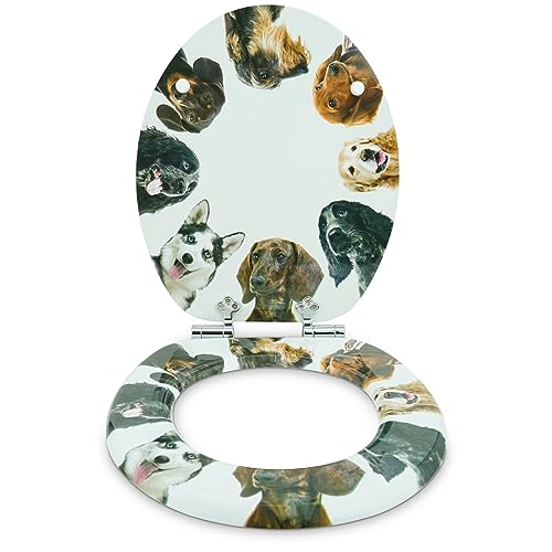 SANFINO® Premium WC Sitz mit Absenkautomatik – hochwertige Toilettendeckel aus Holz, viele bunte Motive, hoher Sitzkomfort, einfache Montage inklusive Montageanleitung – 'Dog Circle'