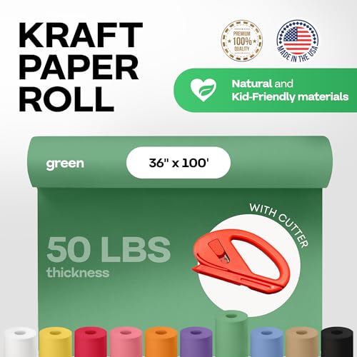Image of Green Kraft Paper Roll 36 inch x 1200 inch (100 ft) with Cutter - USA-Made | Wrapping Paper for Packing, Moving, Shipping & Crafts /Arts - 100% Recyclable Natural Craft Material by IDL Packaging
