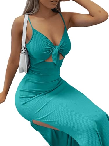 Image of LYANER Women's Summer Tie Knot Cut Out Side Split Sleeveless Knit Bodycon Maxi Dress Sexy Vacation Long Sundress