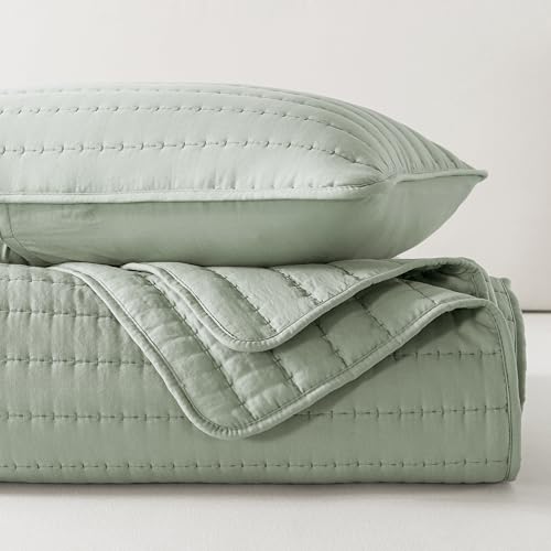 ROARINGWILD Sage Green King Size Quilt Bedding Sets with 2 Pillow Shams, Lightweight Soft Bedspread Coverlet, Quilted Blanket Thin Comforter Bed Cover for All Season, 3 Pieces, 104x90 inches