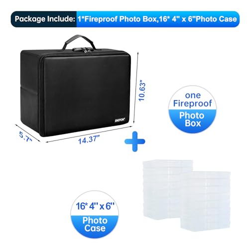 ENGPOW Fireproof Photo Storage Box with 16 Inner 4" x 6" Photo Case(Clear),Photo Box Organizer with Lock,Collapsible Portable Photo Storage Containers with Handle for Photos,Picture,Valuables