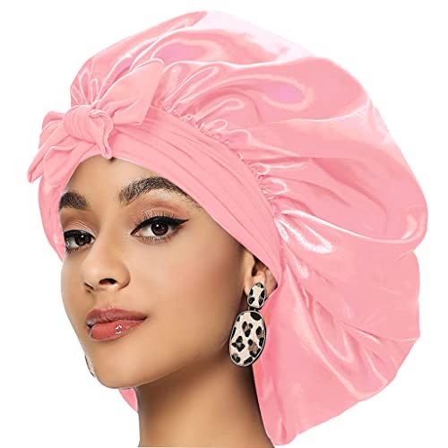 Extra Large Satin Bonnet,Silk Night Sleep Cap With Wide Elastic Soft Band,Hair Bonnet for Women Satin Braids,for Woman Girl Natural Hair,Curly Hair(Pink)