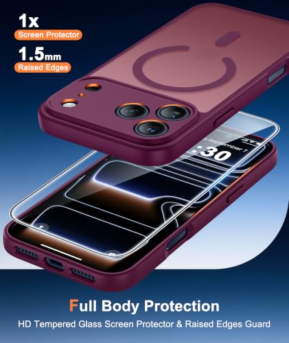 Image of FNTCASE for iPhone 17 Pro-Max Case: Translucent Wine Red Slim Matte Cover Compatible with MagSafe, Full Camera Protection & Tempered Glass Protector, 14FT Military Grade Drop Tested