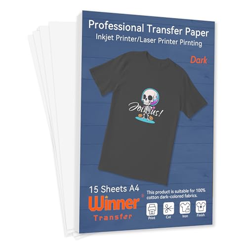 WinnerTransfer Professional Heat Transfer Paper Dark Fabric Transfer Paper Iron on A4 15 Sheets Cotton T-Shirt Printing Iron on Transfers for Inkjet & Laser Printer(WT-H-D-15)