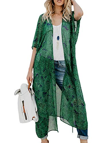 Kimonos for Women Boho Style with Belts Open Front Beach Cover-Ups Chiffon Jacket Resort Wear Beach Wear (Green, Medium)