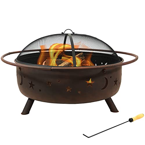 Sunnydaze Cosmic 42-Inch Wood-Burning Steel Fire Pit with Round Spark Screen, Poker, and Built-in Grate – Rust Patina