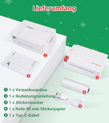 ORGBRO Mini Drucker für Smartphone, X3 Sticker Drucker Bluetooth mit 1 Rolle Aufkleber Papier, 300DPI Mini Printer Etikettendrucker Tragbarer Thermodrucker für Studie Notizen & Fotos, Weiß