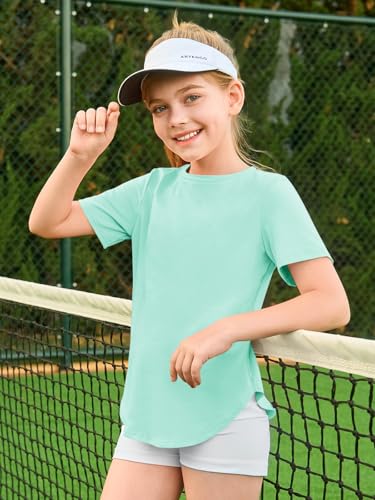 Image of Haloumoning Girls Summer Short Sleeve Shirt Kids Crewneck Curve Hem Soft Tunic Tops T-Shirts 5-14 Years