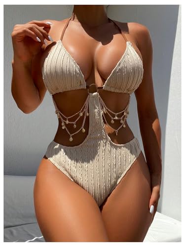 WDIRARA Women's Chain Linked Cut Out Halter One Piece Swimsuit3