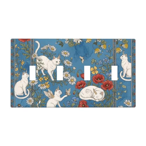 Placa de interruptor de 4 bandas con diseño de gato blanco y margaritas sobre fondo azul 2