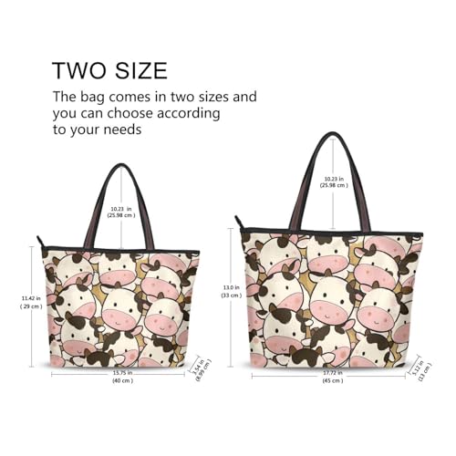 Cute Cartoon Cow Pink silk fabric zippered travel tote bags reusable handbags for women 20252