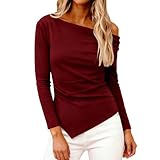Women Modal Comfy Shirts, Y2K Asymmetric One Shoulder Long Sleeve Tees Fashion Streetwear Wine