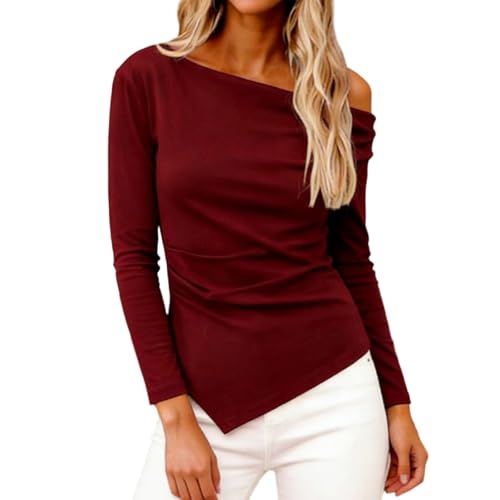 Women Modal Comfy Shirts, Y2K Asymmetric One Shoulder Long Sleeve Tees Fashion Streetwear Wine