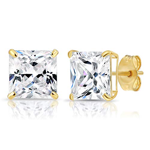 14k Yellow Gold Princess-Cut Square Cubic Zirconia CZ Stud Earrings with Gold Butterfly Pushbacks