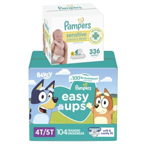 Pampers Easy Ups Pull On Bluey Training Pants Boys and Girls, 4T-5T, One Month Supply (104 Count) with Sensitive Water Based Baby Wipes 4X Pop-Top Packs (336 Count) - image 1