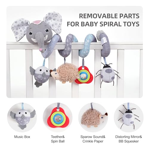 Image of Koty Car Seat Toys, Infant Baby Spiral Plush Activity Hanging Toy for Stroller Bar Pram Crib with Music Box BB Squeaker & Rattles(Grey Elephant)