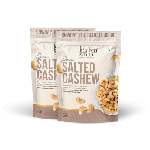 Image of KitchenSmith Premium Salted Whole Cashew - Pack of 2 (250gm Each) (Grade W240) |Crunchy Cashews, Kaju Dry Fruit & Cashew Nuts | Gluten Free & Plant Based Protein (Air Tight Pouch)