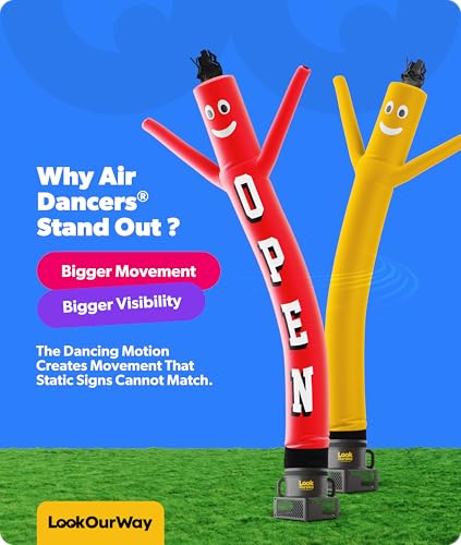 Image of LookOurWay Air Dancers Inflatable Tube Man Set - 10ft Tall Wacky Waving Inflatable Dancing Tube Guy with 12-Inch Diameter Blower for Business Promotion - Open Red