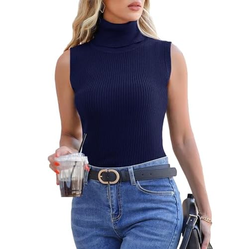 Totatuit Women's Spring Sleeveless Turtlenecks Tops Mock Neck Ribbed Solid Pullover Tank Navy Blue Small