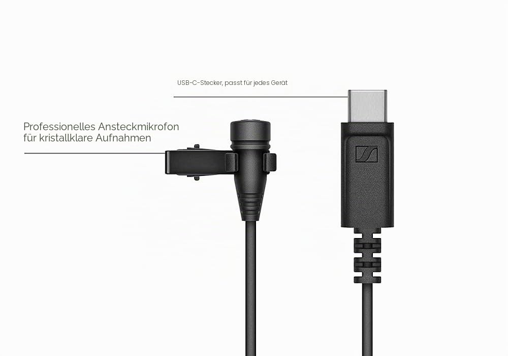 Sennheiser XS Lav USB-C Omnidirektionales Clip-On Lavalier-Mikrofon | mit USB-C Anschluss & 2M Kabel | für mobile Geräte & Computer | Schwarz (509261)