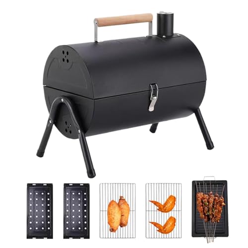 Barbecue à charbon compact en forme de tonneau portable avec fonction fumage pour la cuisine en plein air, parfait pour la maison, pique-nique, jardin, balcon et camping