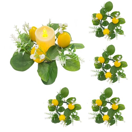 4 Pcs Lemons Candle Rings Wreaths Decorative Greenery Candle Holder with Yellow Lemons and White Flowers Mini Wreaths 3inch Center for Home Kitchen Table Centerpiece