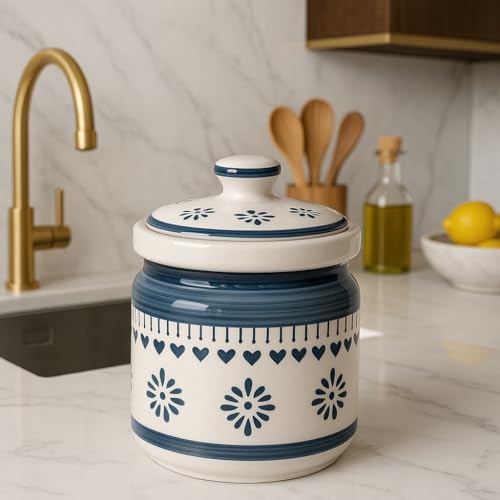 Image of Ceramic Storage Jar with Lid, Blue and White Floral Pattern, Traditional Handcrafted Kitchen Container for Pickles, Spices, Sugar, 1000 ML Capacity