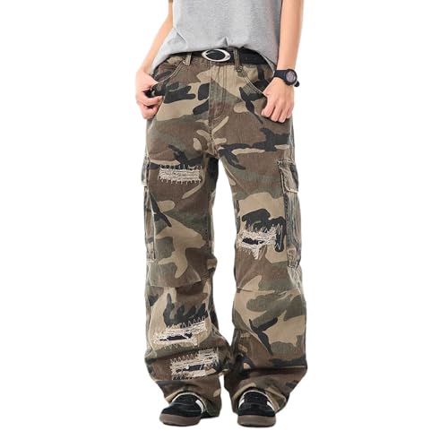 Mens Camo Cargo Jeans Mid Rise Flap Pockets Wide Leg Ripped Jeans Baggy Camouflage Y2k Streetwear Denim Pants