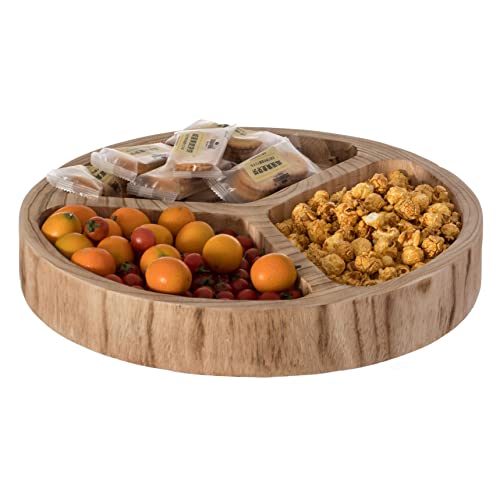 3 Sectional Wooden Snack Platter, Divided Serving Tray with Burned Black Finish, Lazy Susan Charcuterie Board for Dining Table, Kitchen, Nut or Snack Serving