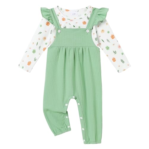 Image of WESIDOM Baby Girl Clothes Long Sleeve Floral Top Ruffle Strap Baby Overalls Cute Fall Winter Baby Girl Outfits
